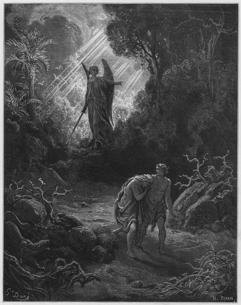 Gravura clássica de Gustave Doré retratando a expulsão do Éden
